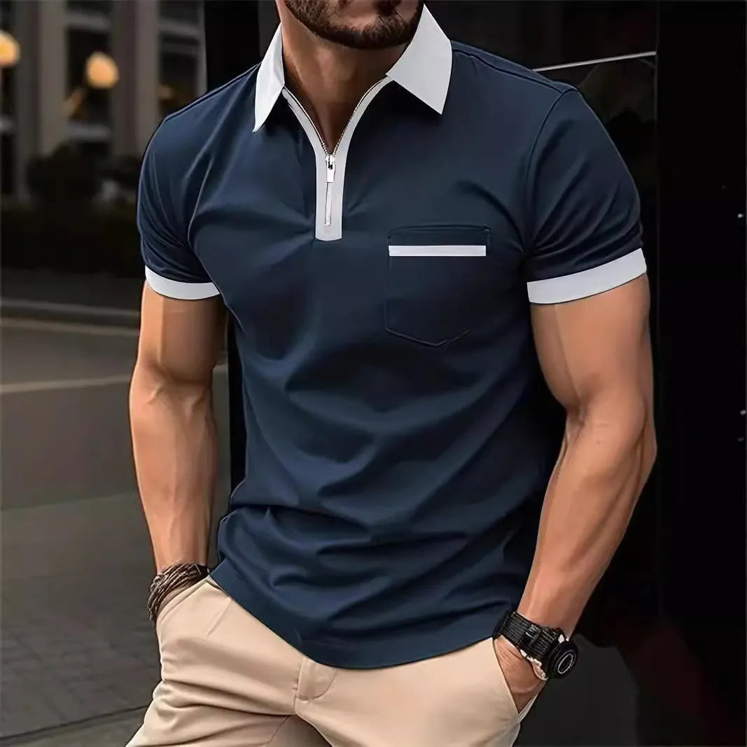 Men's casual short sleeve shirt with chest pocket and zipper detail in a loose fit