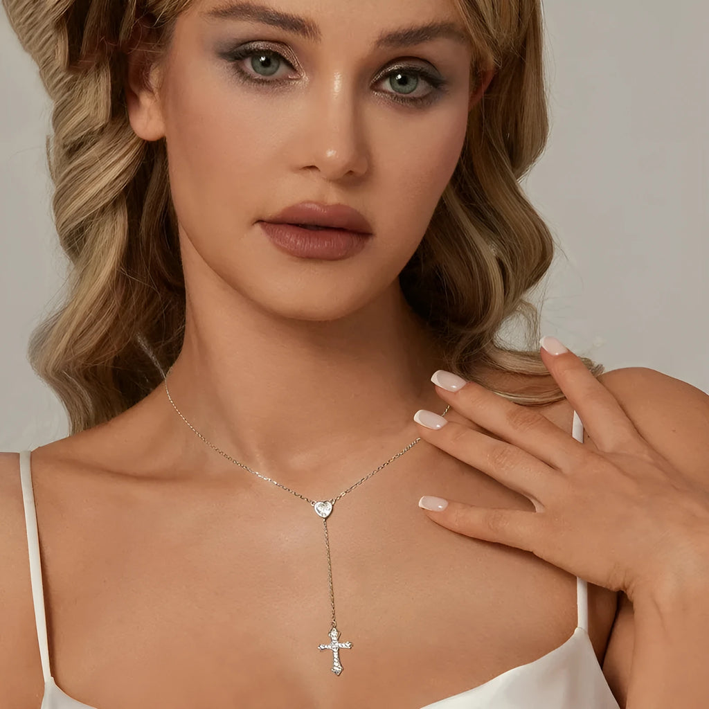 Silver necklace with V-neck cross pendant on O-ring chain in colour BSN384