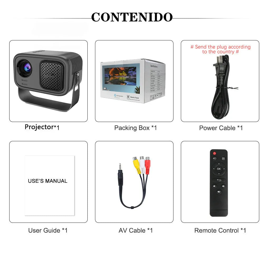 Black portable HD projector with Android interface and remote control on desk