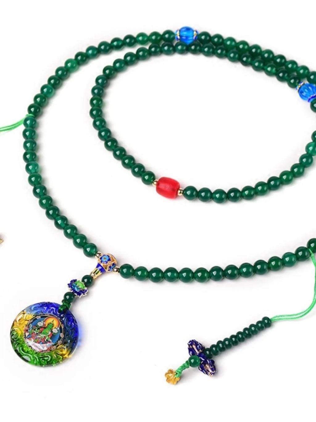 Handmade natural green agate 108 bead bracelet with choice of Thangka pendant or Buddha beads.