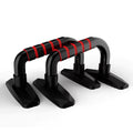 Black I-shaped push-up bracket, 21 cm total length with 14 cm foot length and 10-13 cm stand height for home chest training.