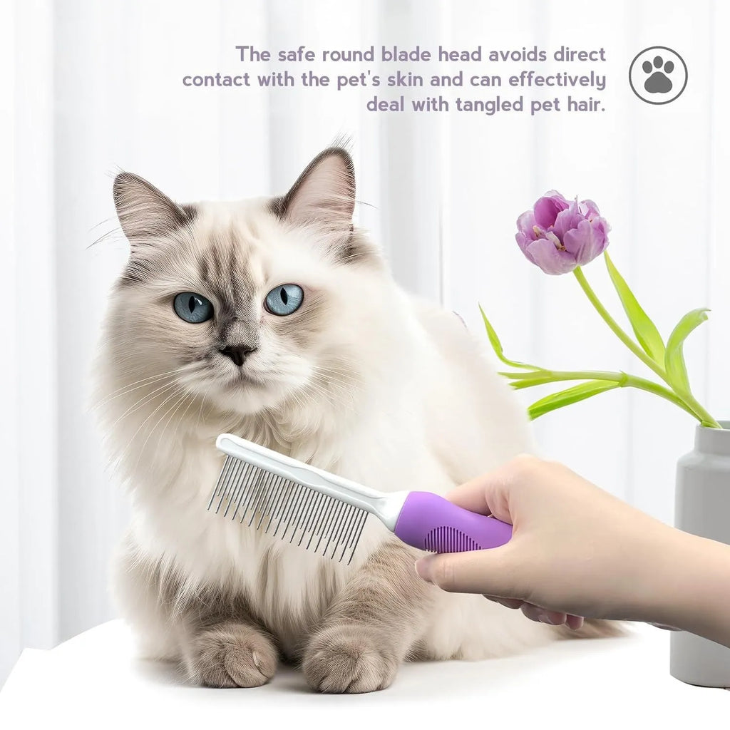 Purple pet detangling comb with stainless steel long and short teeth on a white background