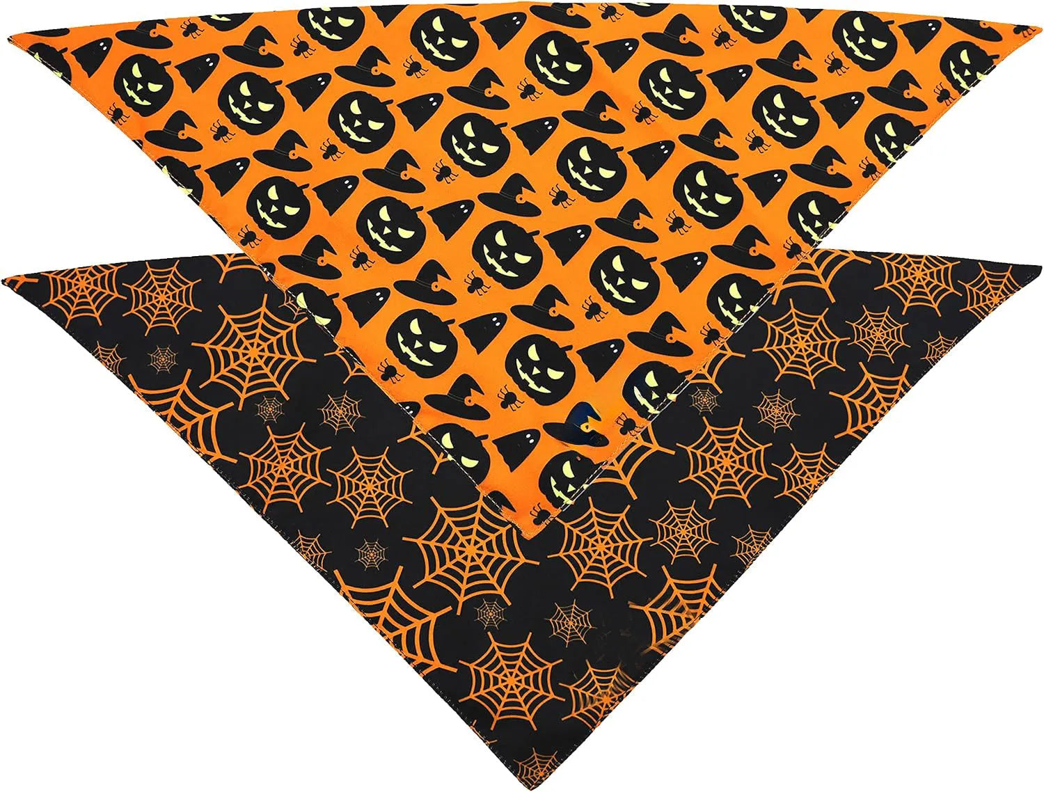 Halloween reversible dog bandana with pumpkin and spider web patterns in black and orange colours