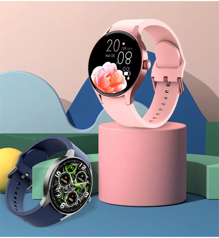 Black smart sport watch with 46mm case and 1.43-inch round touchscreen on wrist
