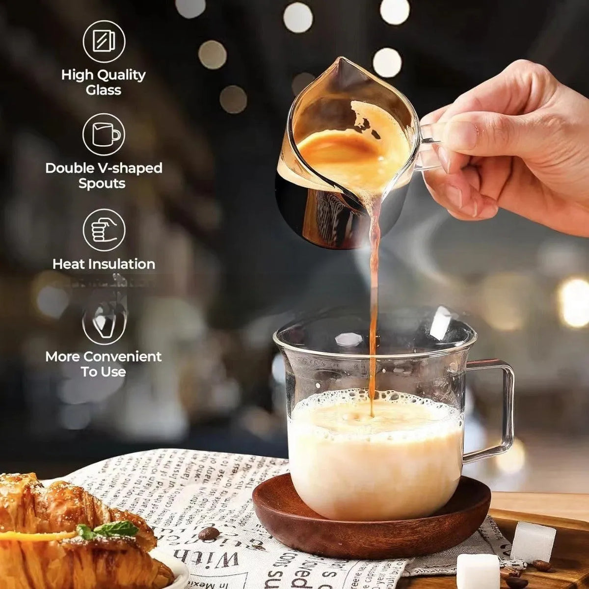 Transparent double-mouth coffee glass set with white accents in modern simplicity design