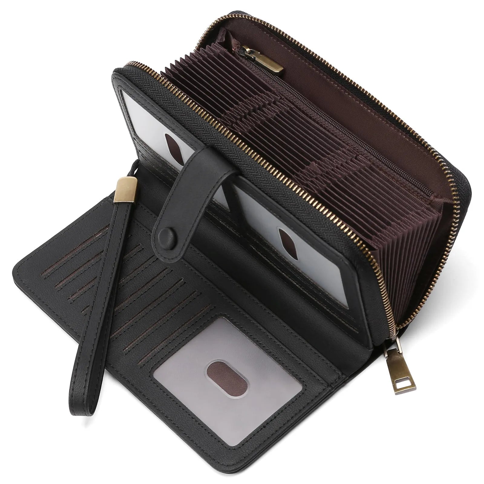 Expanding card holder women long wallet passport bag in light brown PU leather with anti-theft feature
