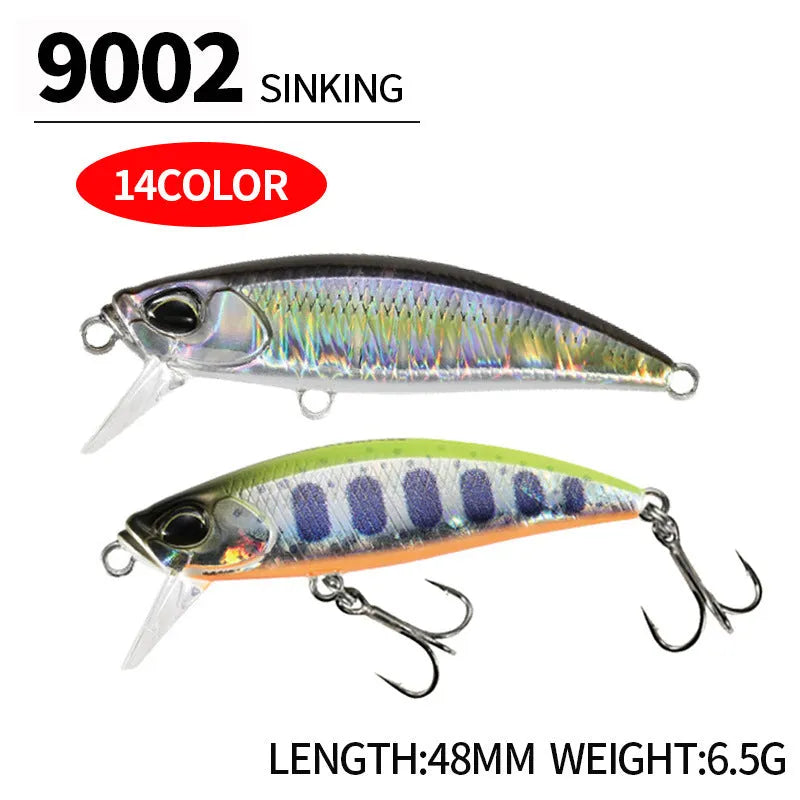 48mm submerged minnow fishing crankbait lure for snakehead and mandarin fish in multiple colours.