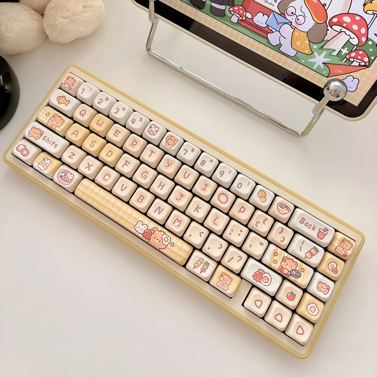 Rabbit Bear Restaurant themed PBT plastic keycap set with 140 EOA profile keys for mechanical keyboards.