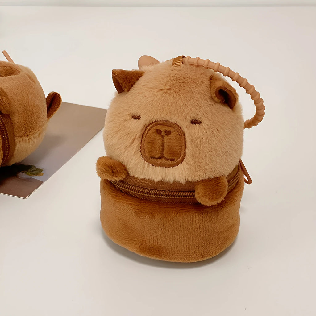 Cute Cartoon Capabala brown plush coin purse and earphone bag with embroidered animal pattern