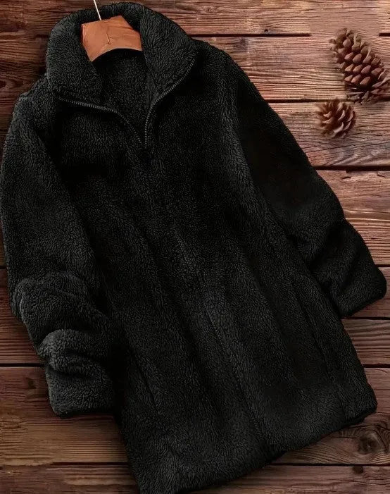 Double-sided velvet fleece jacket in black, navy, or khaki on a hanger