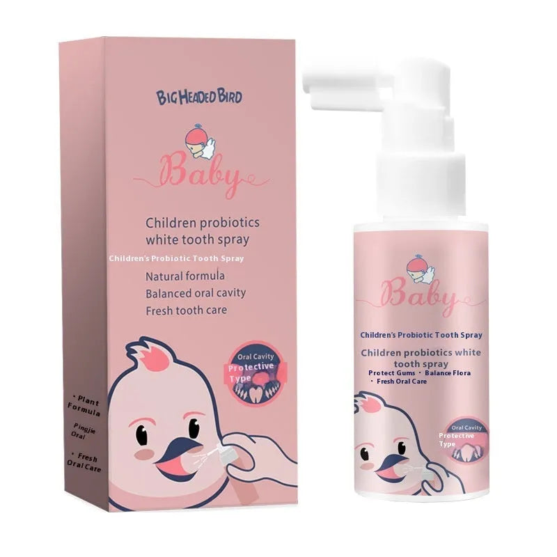 Children's probiotic white teeth cleaning spray bottle in strawberry and orange flavours