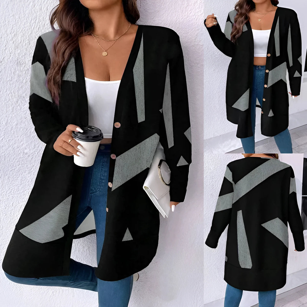 Black loose fit women's cardigan coat with button front in Japanese Korean casual style