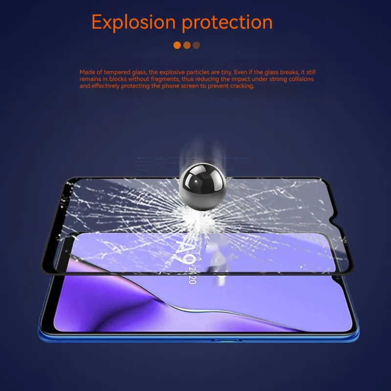 OPPO A9 2020 full screen tempered glass protector with black edges and full glue application