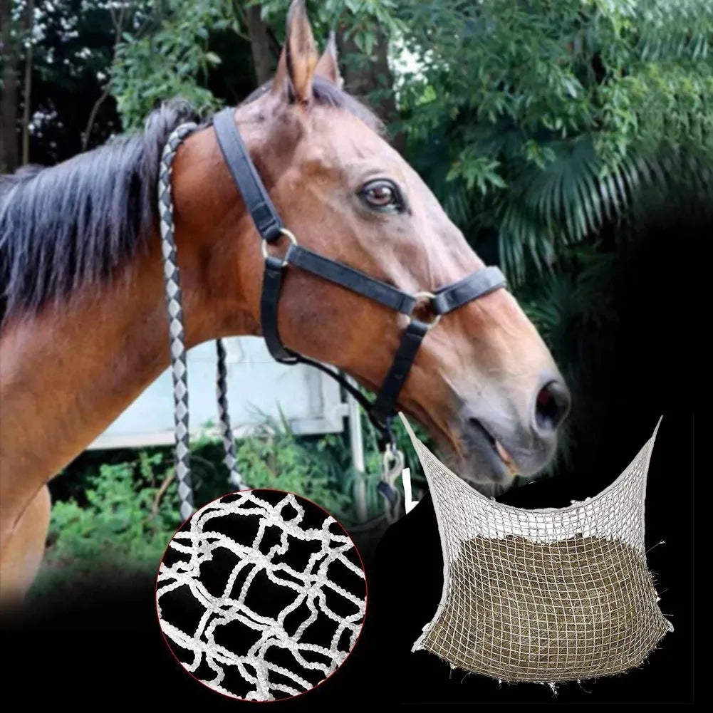 Black woven PE rope grid hanging feeding bag for horses and livestock.