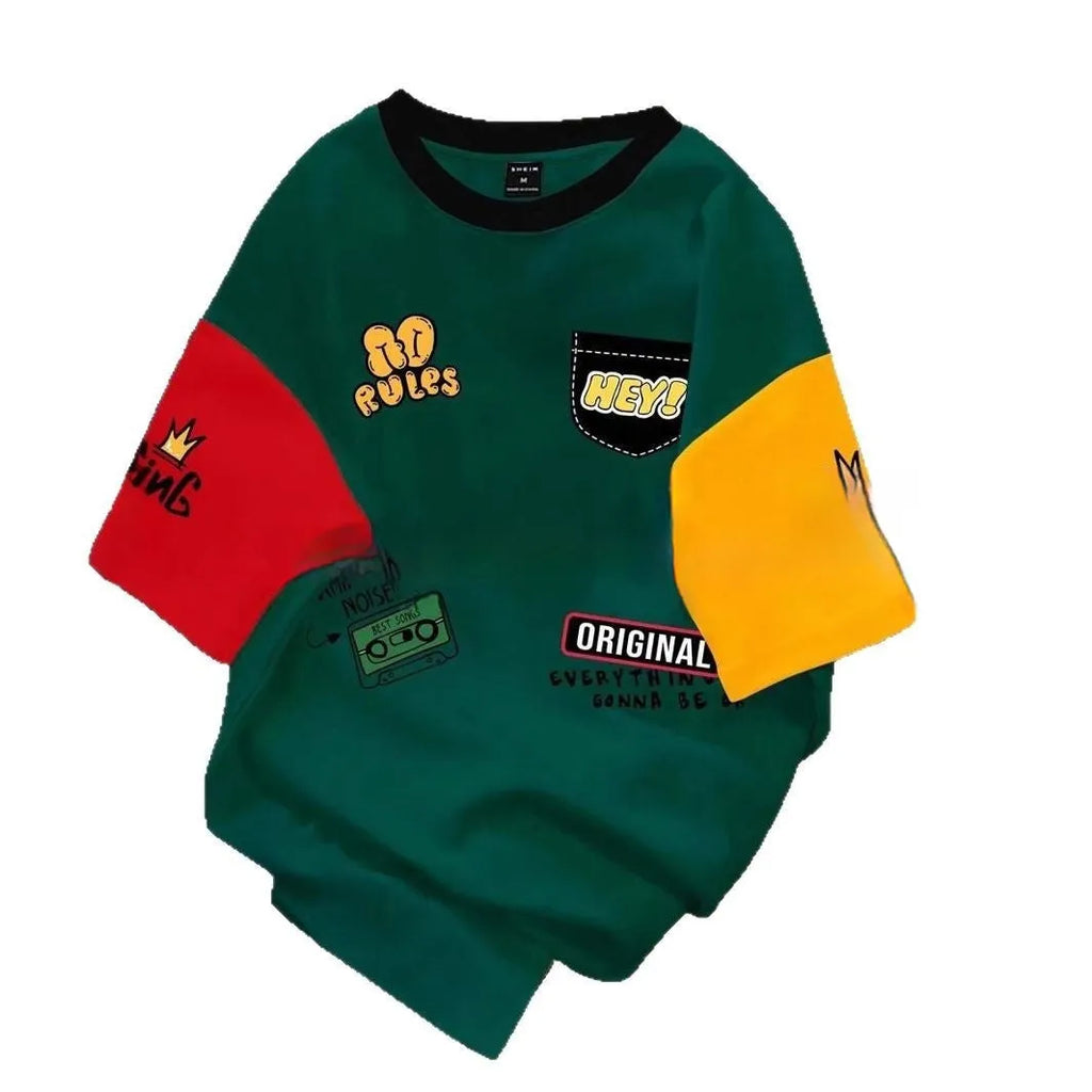 Men's loose fit casual T-shirt with digital printed letter pattern, short sleeves