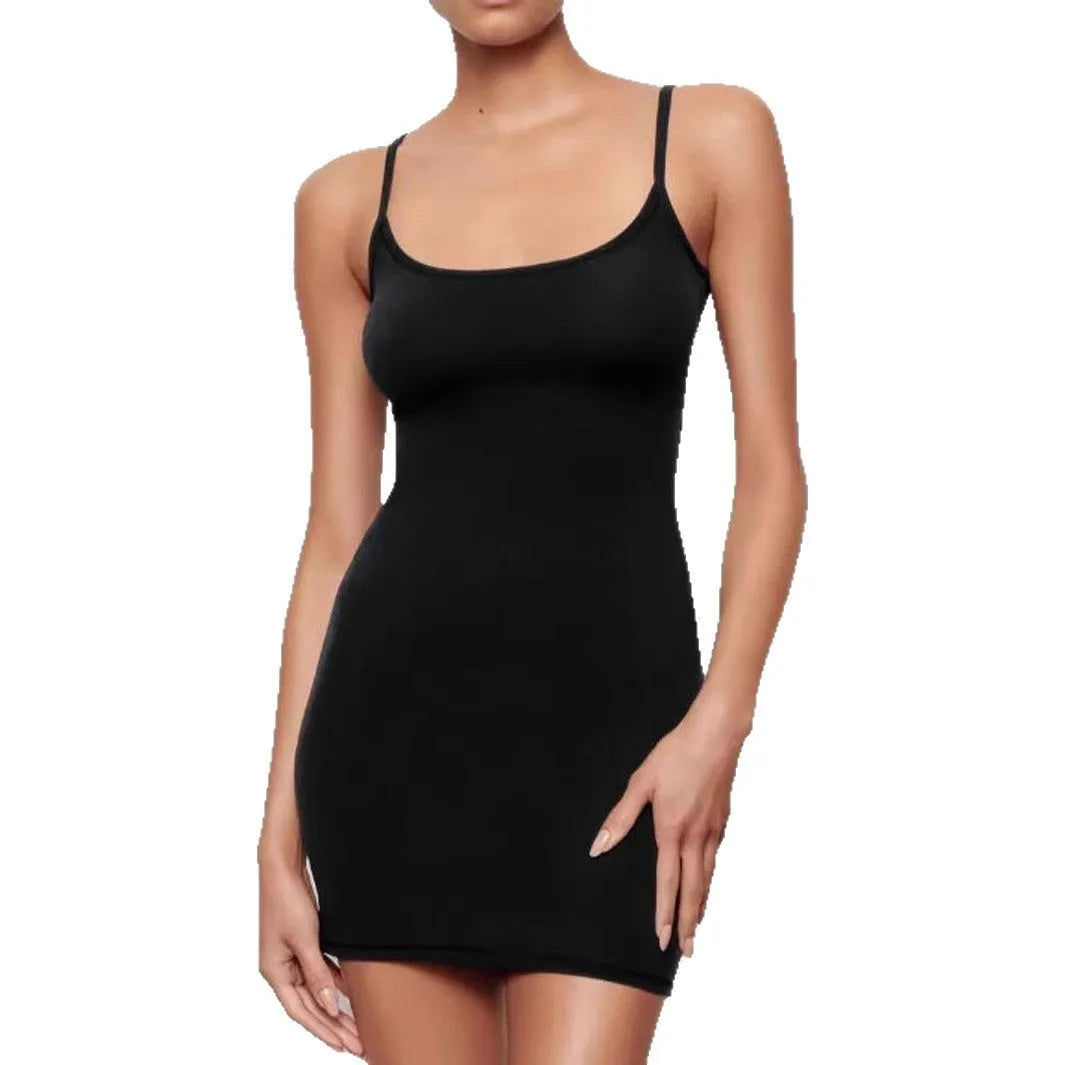 Black sling sheath dress with sleeveless design and mid-waist silhouette