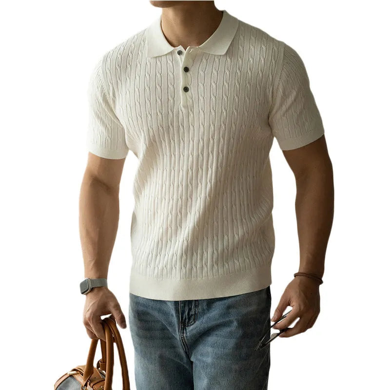 Men's khaki short sleeve business-casual top for office and commute wear.