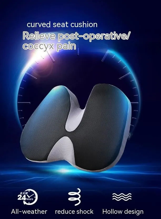 Curved bevel seat cushion for tailbone support in choice of colours on a chair.