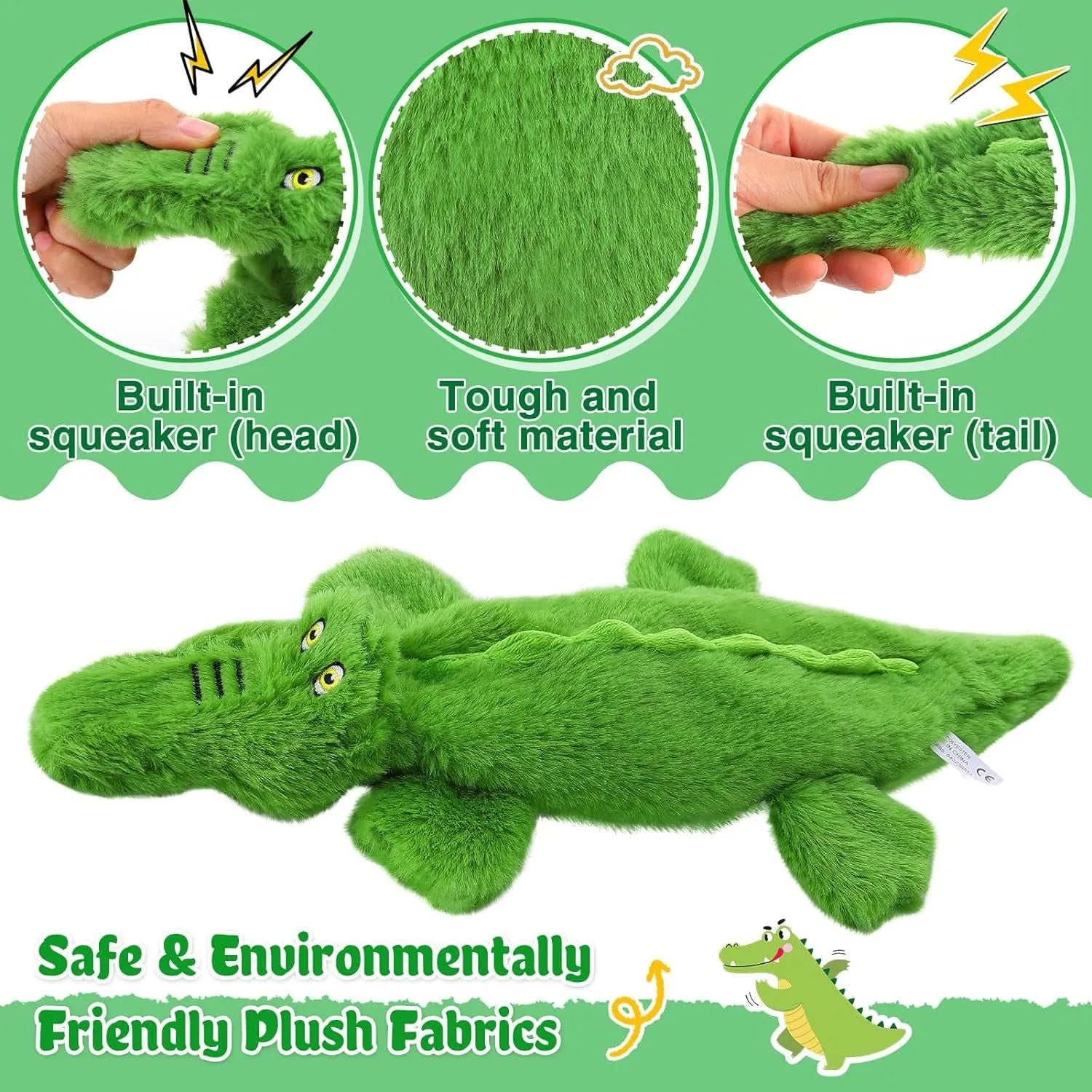 Green crocodile dog toy with no stuffing, squeaker in head and crinkle paper in tail