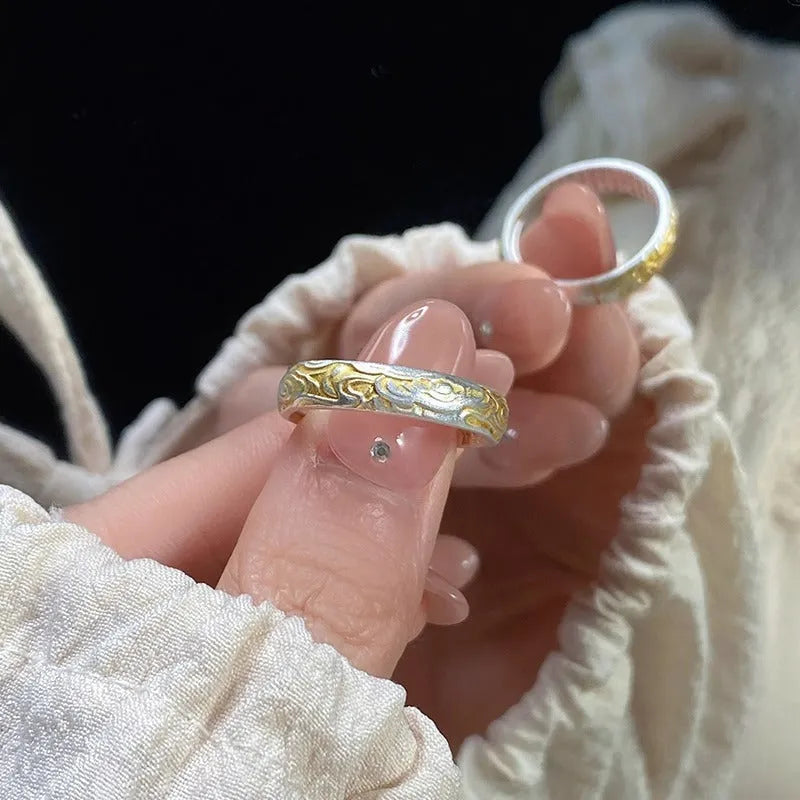 Xiangyun pattern white copper ring with silver gold electroplated finish and geometric open mouth design