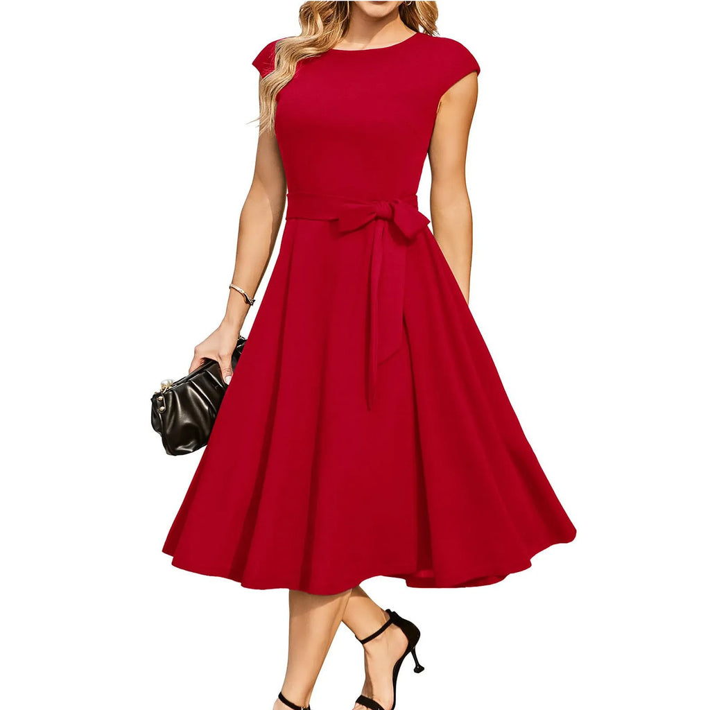 Sleeveless lace-up midi dress with oversized swing skirt and belt detail in twisted silk fabric
