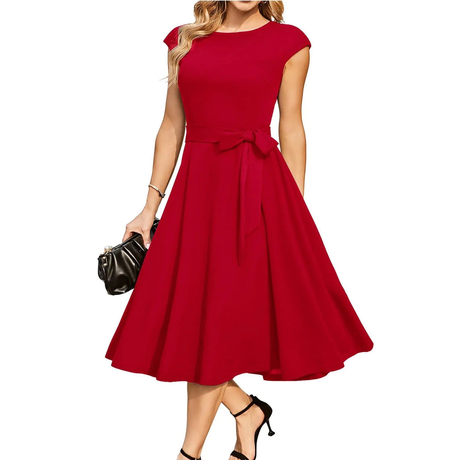 Sleeveless lace-up midi dress with oversized swing skirt and belt detail in twisted silk fabric