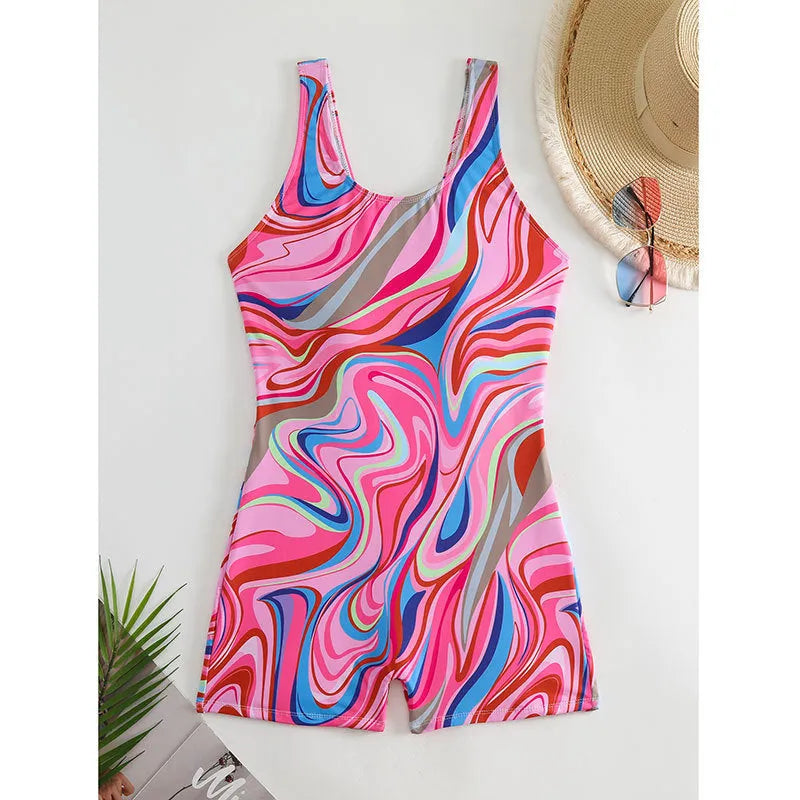 Women's printed high-waist backless one-piece swimsuit in polyester fabric.