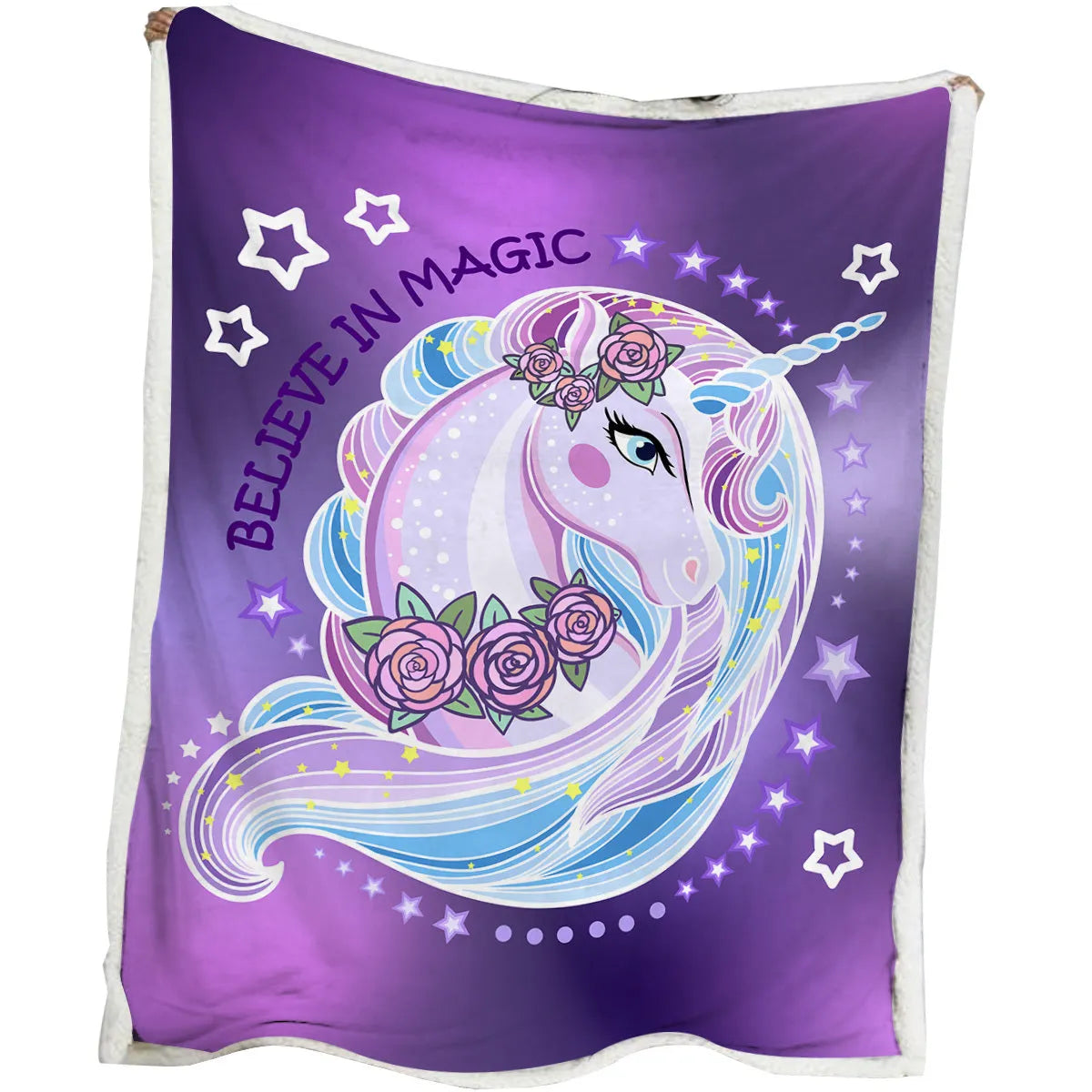 Purple unicorn Sherpa fleece blanket with hemmed edges, available in 130x150cm and 150x200cm