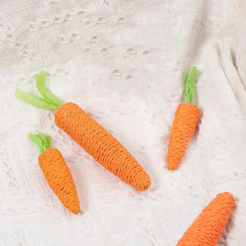 Assortment of cat toys including carrot bites, paper toys, ringing stones, sticks and tooth grinding sticks