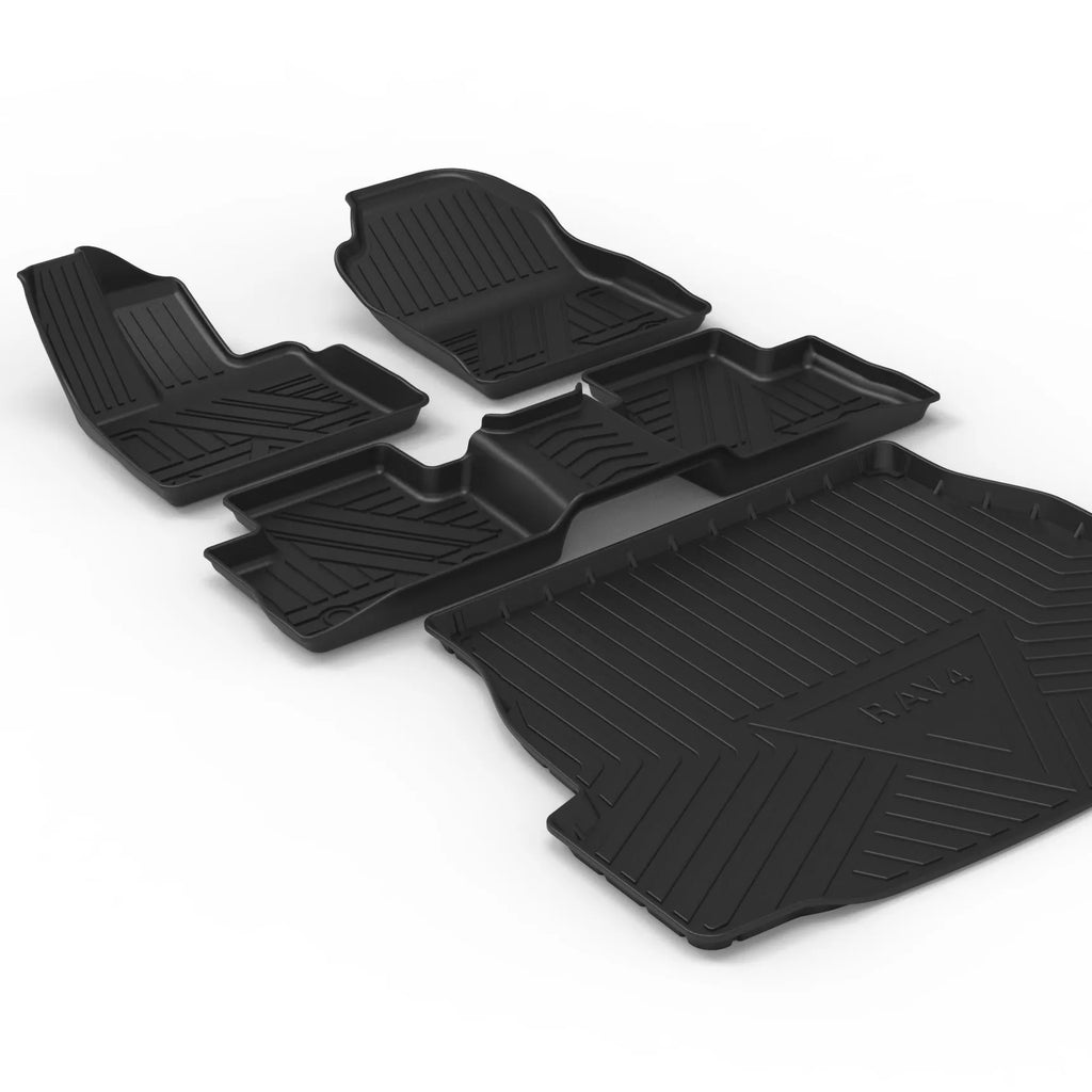 Black TPE car boot liner with a carbon fibre pattern texture, laid flat.