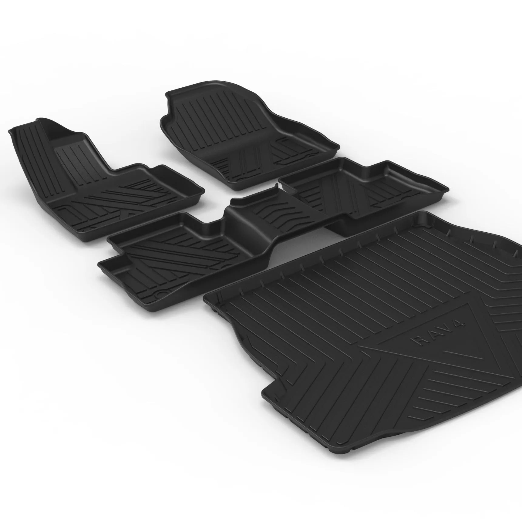 Black TPE car boot liner with a carbon fibre pattern texture, laid flat.