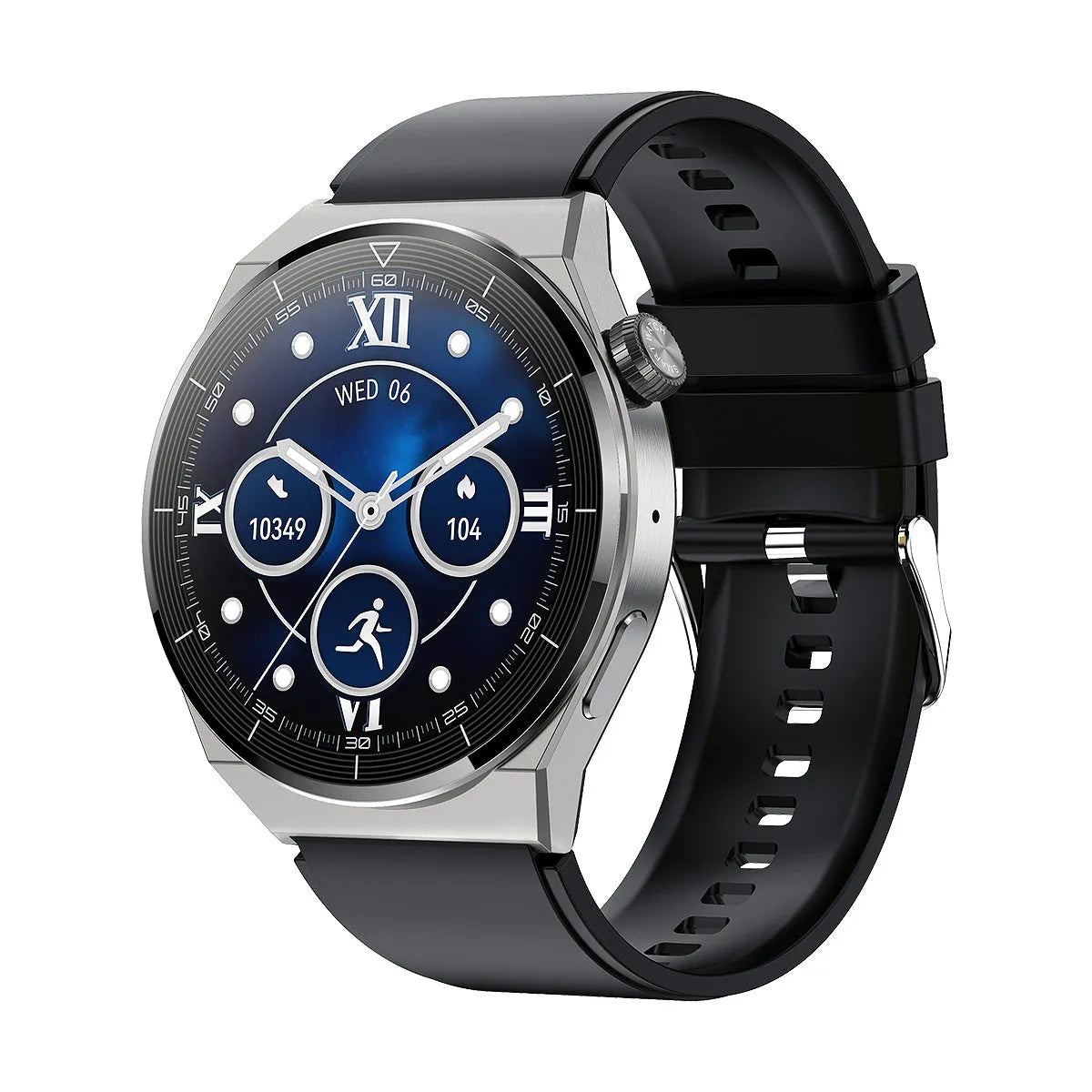 Black and silver Android smart watch with circular screen, silicone band, showing Bluetooth call and NFC access control functions.