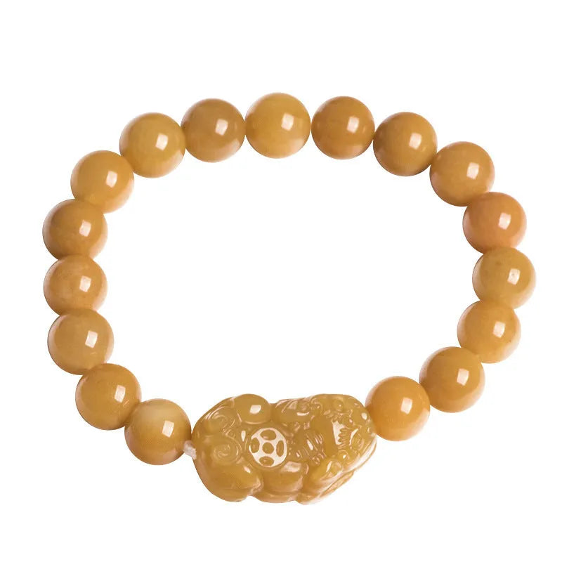 Hand-carved Jinsi Jade money bracelet showing golden thread colour, available in large or small sizes with different bead diameters.