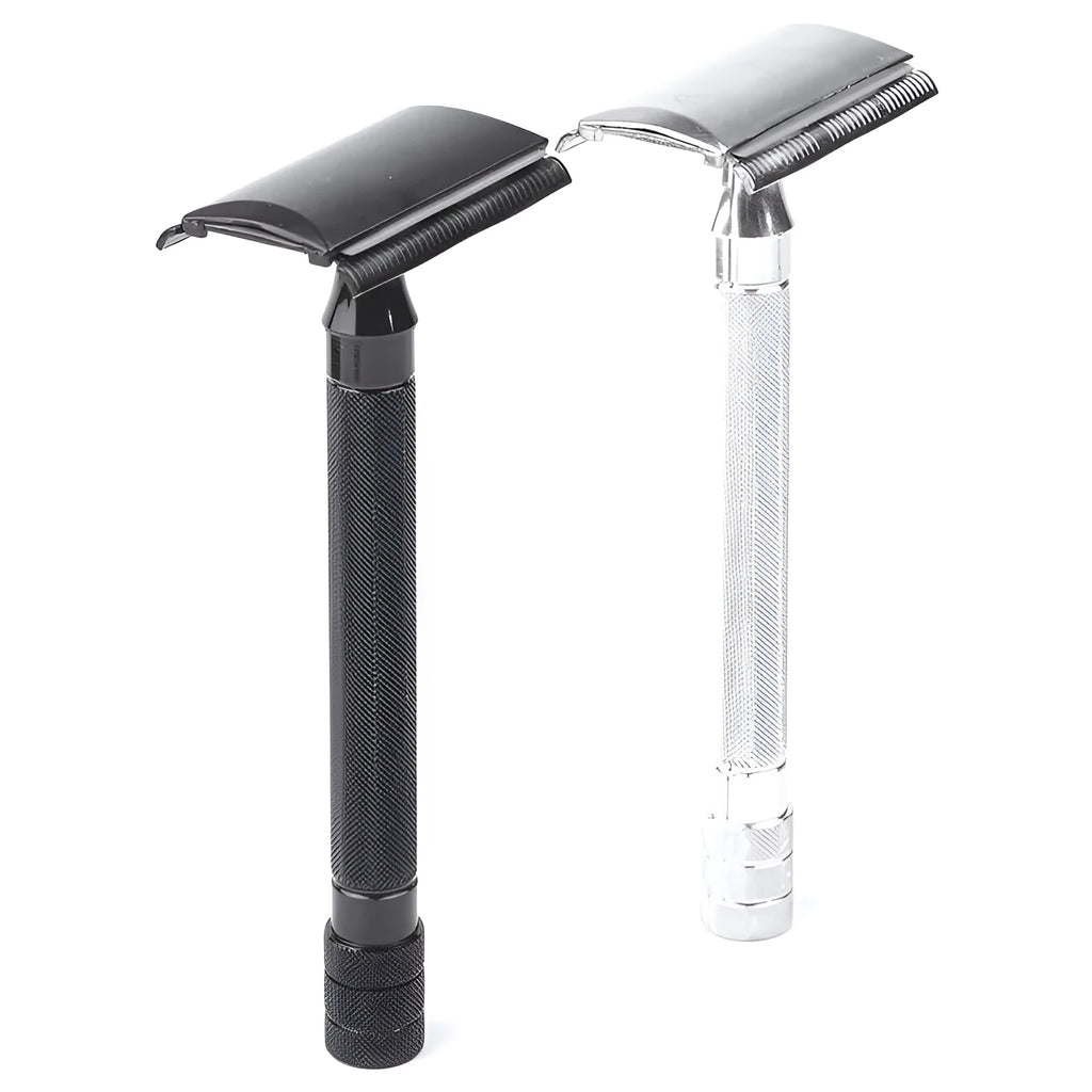 Manual barber shaving razor and brush combination set in traditional metal construction