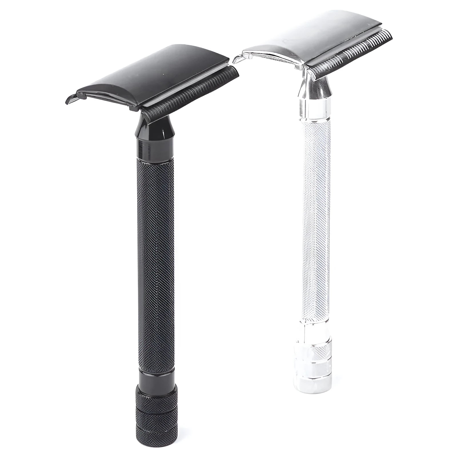Manual barber shaving razor and brush combination set in traditional metal construction