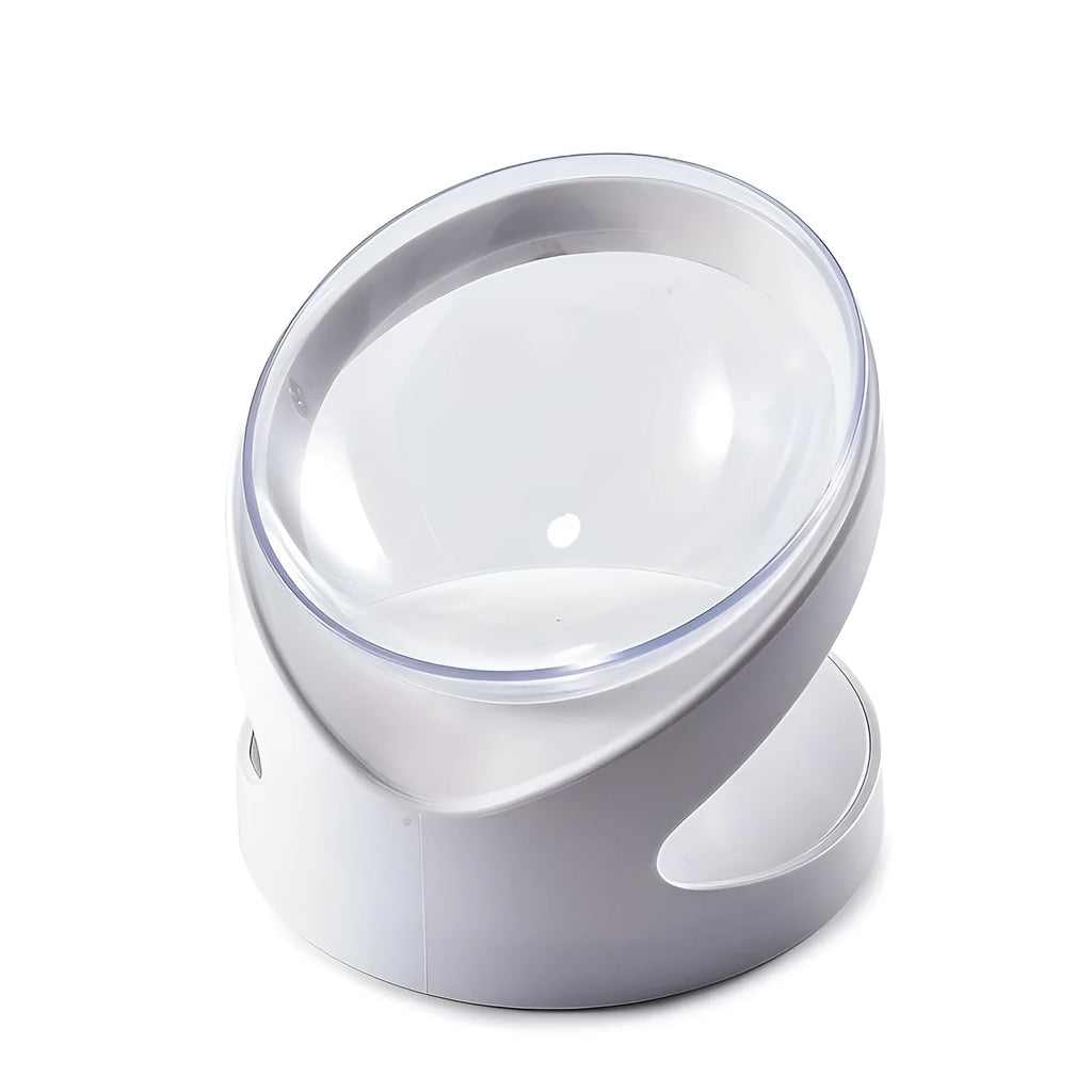 White elevated plastic cat food bowl with tilted design for anti-vomit feeding and neck protection