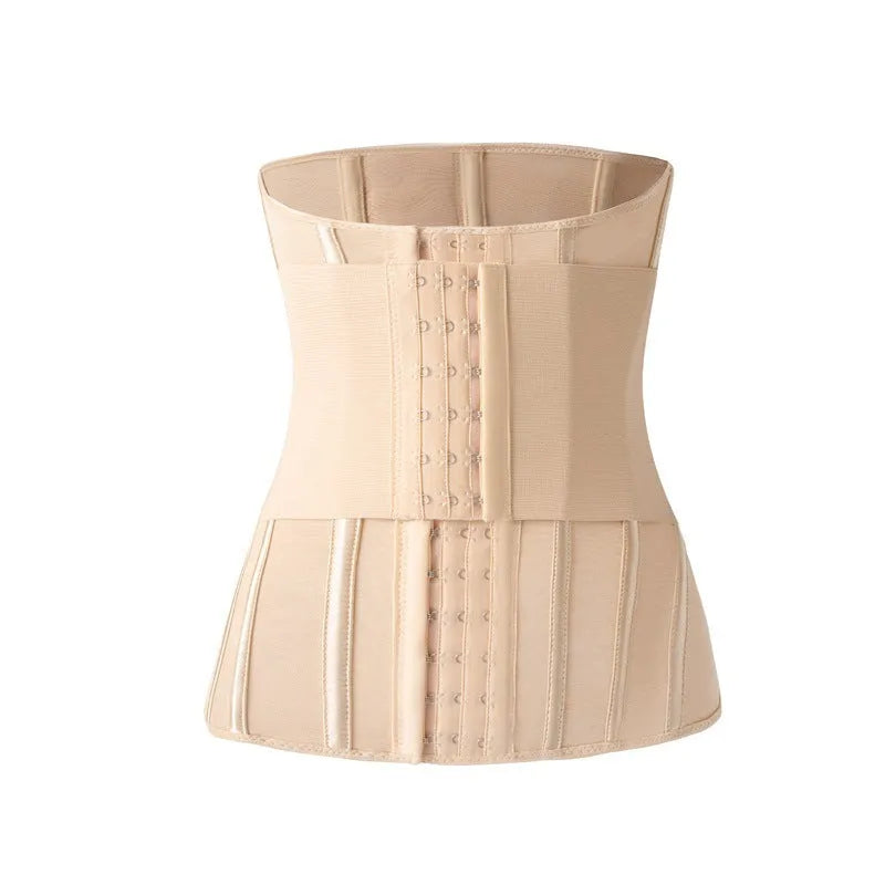 Nylon belly band waist trainer with adjustable tie in black and apricot colours on size chart