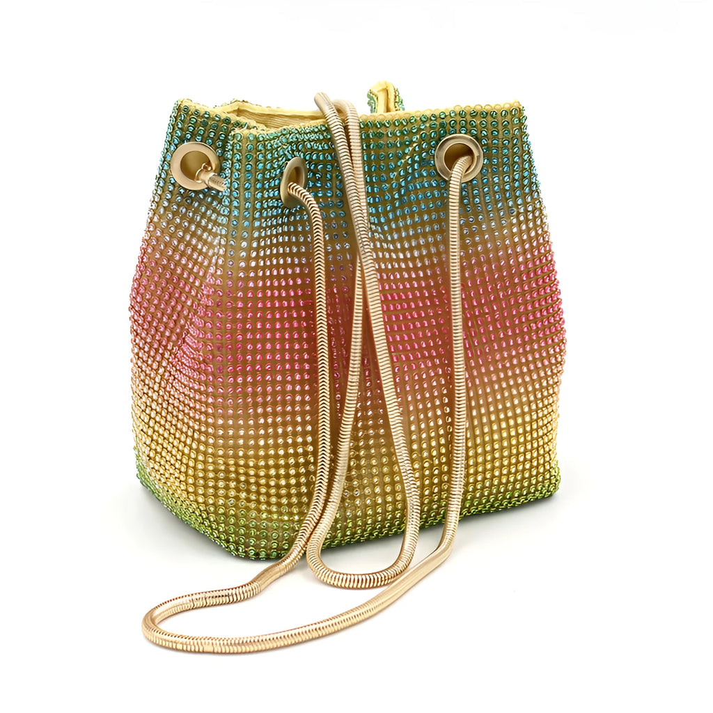 Rainbow colour rhinestone bucket bag with full crystal diamond coverage and soft construction
