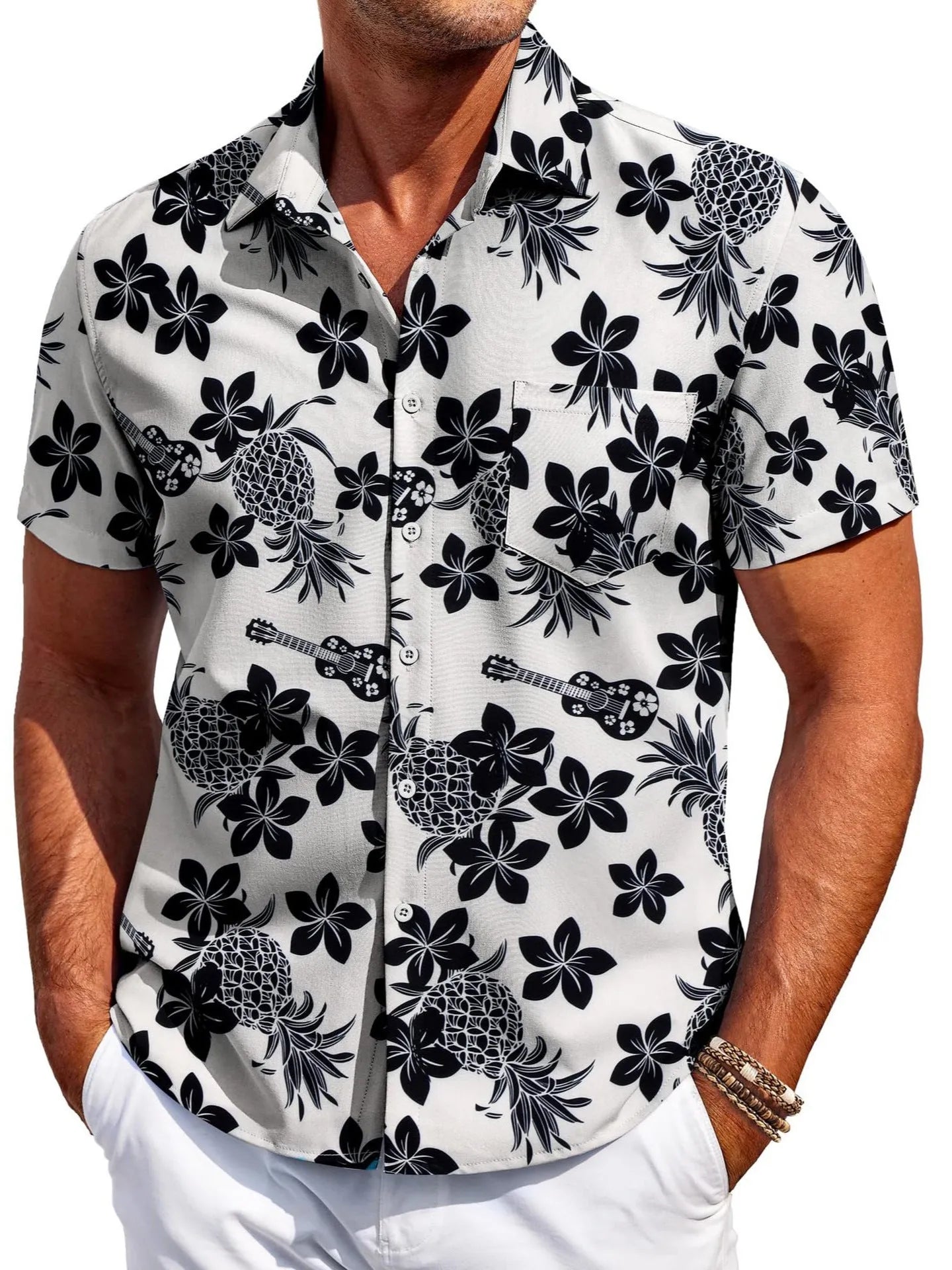 Men's slim fit cardigan-style short sleeve shirt in elastic polyester fabric