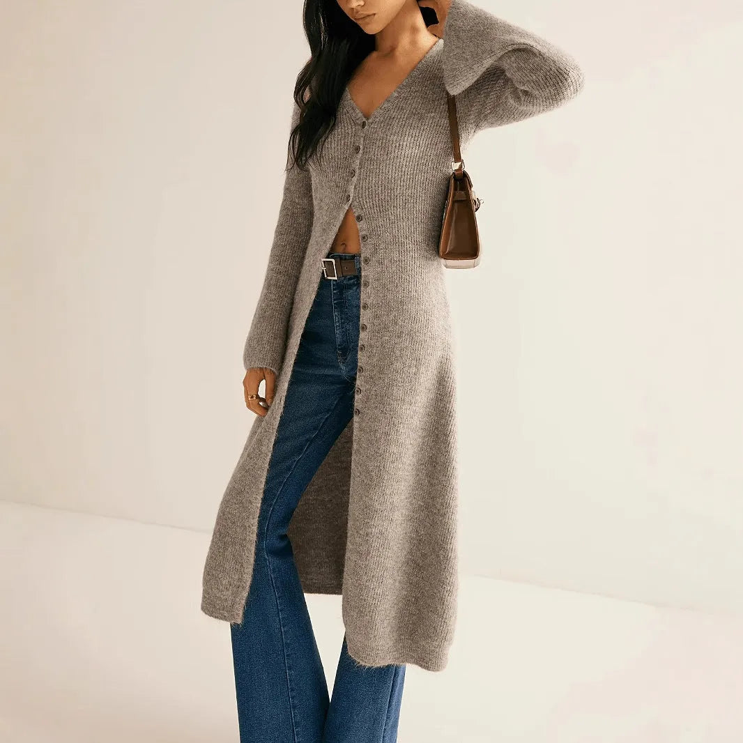 Khaki French style long sleeve cardigan coat with button front closure on mannequin