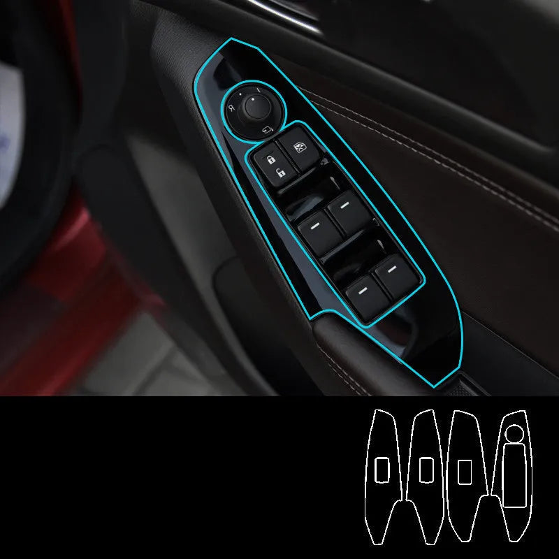 Four TPU protective films for car door control panels in transparent, carbon fibre black and matte black finishes