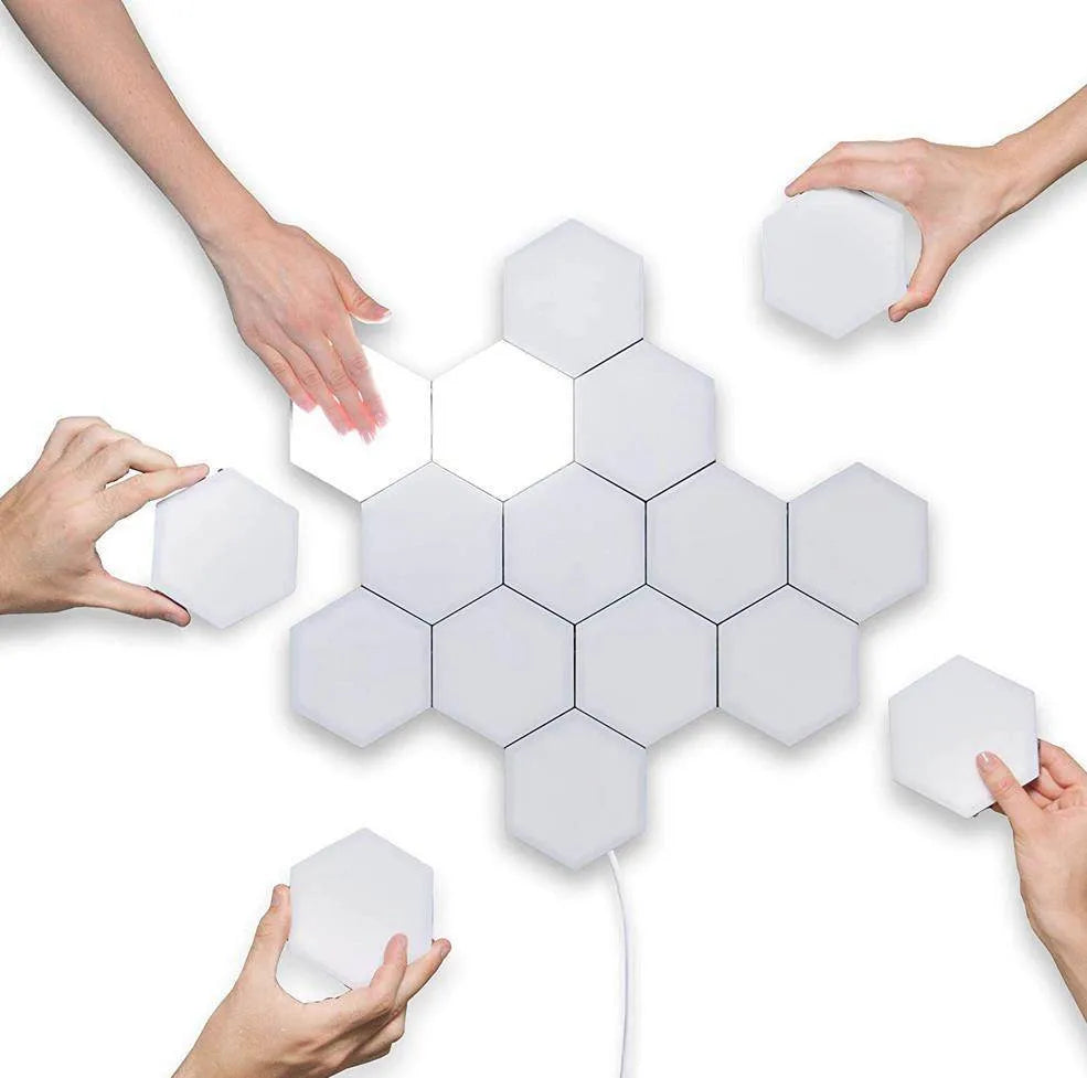 Helios modular honeycomb wall lamp panels assembled in pattern with touch-activated LED lighting