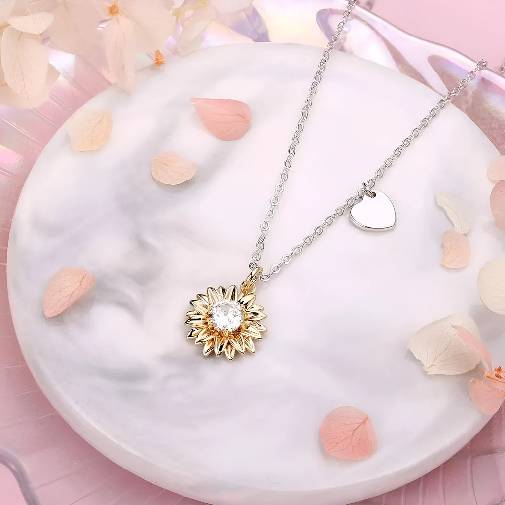 925 silver sunflower necklace with geometric pendant and cross chain, adjustable length