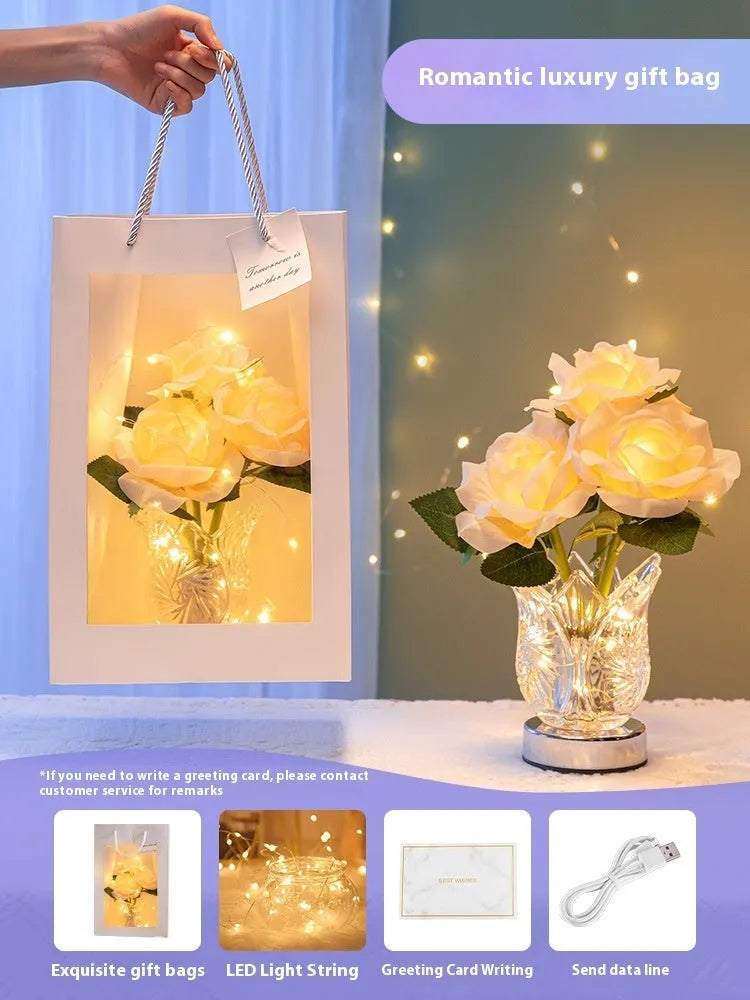 Modern crystal flowers design rechargeable touch table lamp on a bedside table.