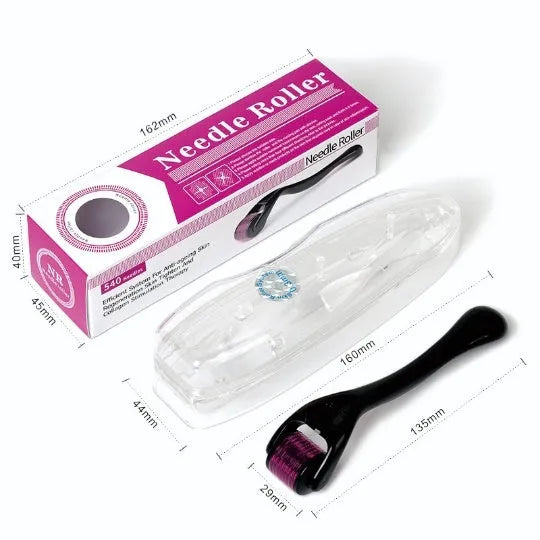 Black and purple derma rollers with titanium microneedles, showing size labels from 0.2mm to 1.0mm.