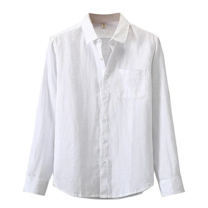 Long sleeve linen cardigan-style shirt in a solid colour, shown with a loose fit.