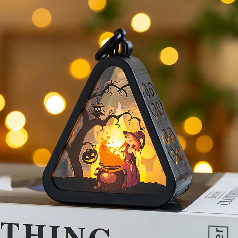 Halloween portable pumpkin lamp decoration in plastic and glass, 11.5cm high.