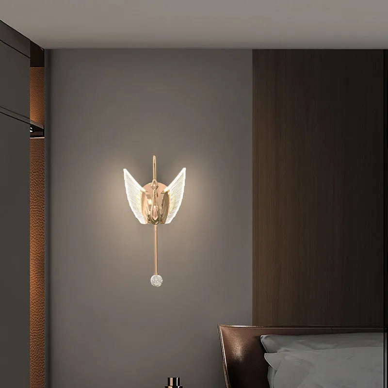 Modern gold swan-shaped wall lamp with acrylic shade and dimmable multi-colour LED lighting