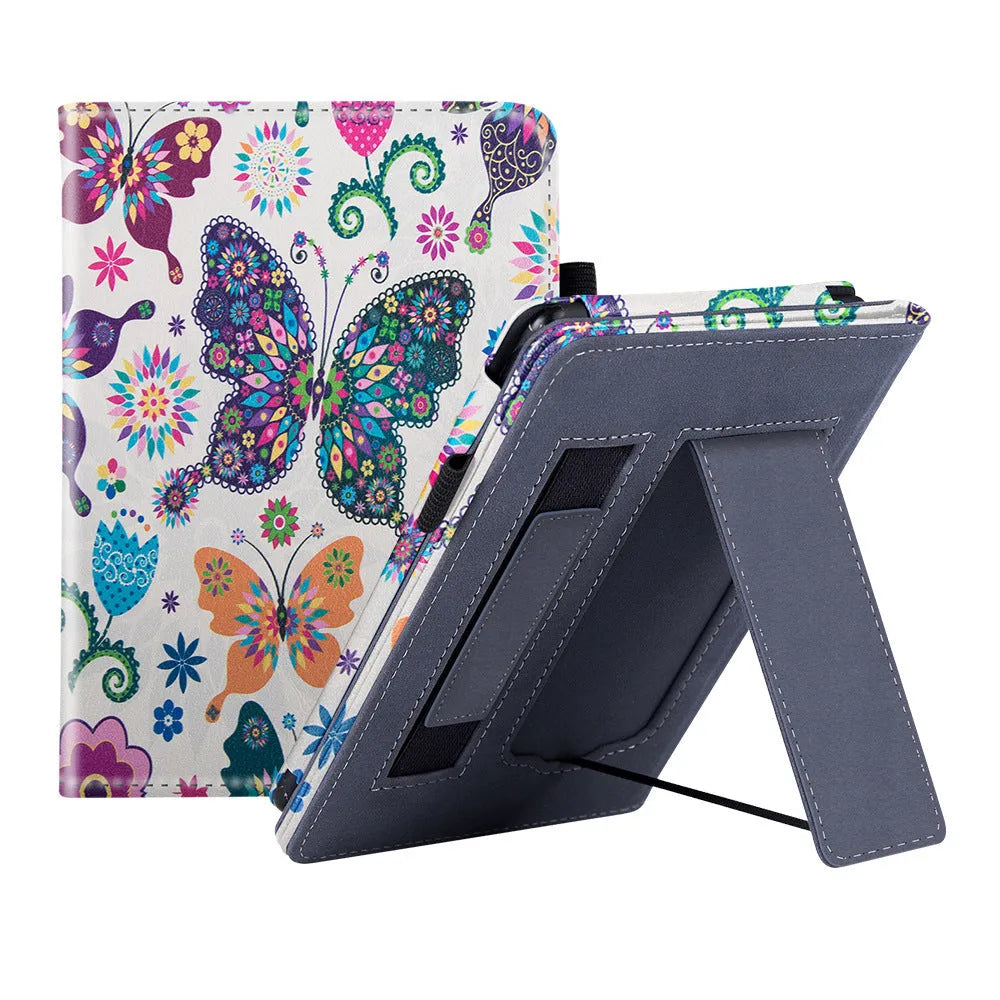 Kindle Paperwhite leather case with wrist splint bracket attached, showing calf leather exterior and microfiber interior