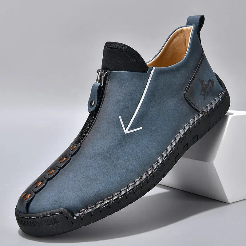 Men's black artificial PU boots with front zipper and rubber sole